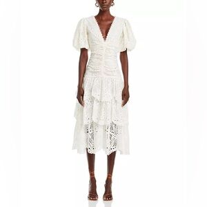 NWT FARM RIO Eyelet Puff Sleeve Tiered Cotton Midi Dress SIZE XS